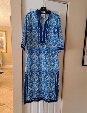 Nicoblu Nicobar Maxi  Caftan Dress Deep Sea Blue  Ikat Design with Contrast Trim